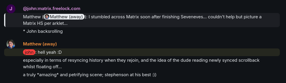 John compares Matrix homeservers to Seveneves arklets. Matthew replies “hell yeah :D” and describes resyncing history when spacecraft rejoin, and reading newly synced scrollback.